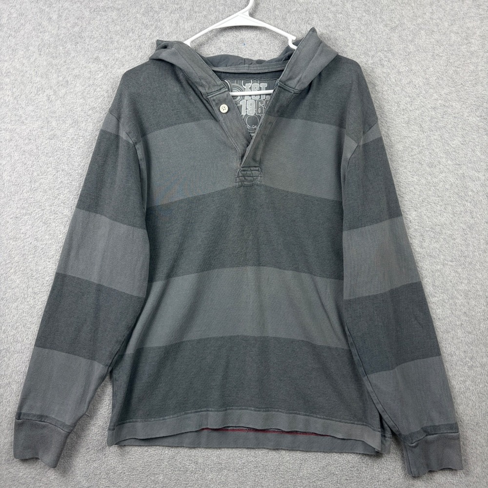 Vintage Gap Rugby Hoodie Mens Medium Gray Striped Long Sleeve Cotton Y2K